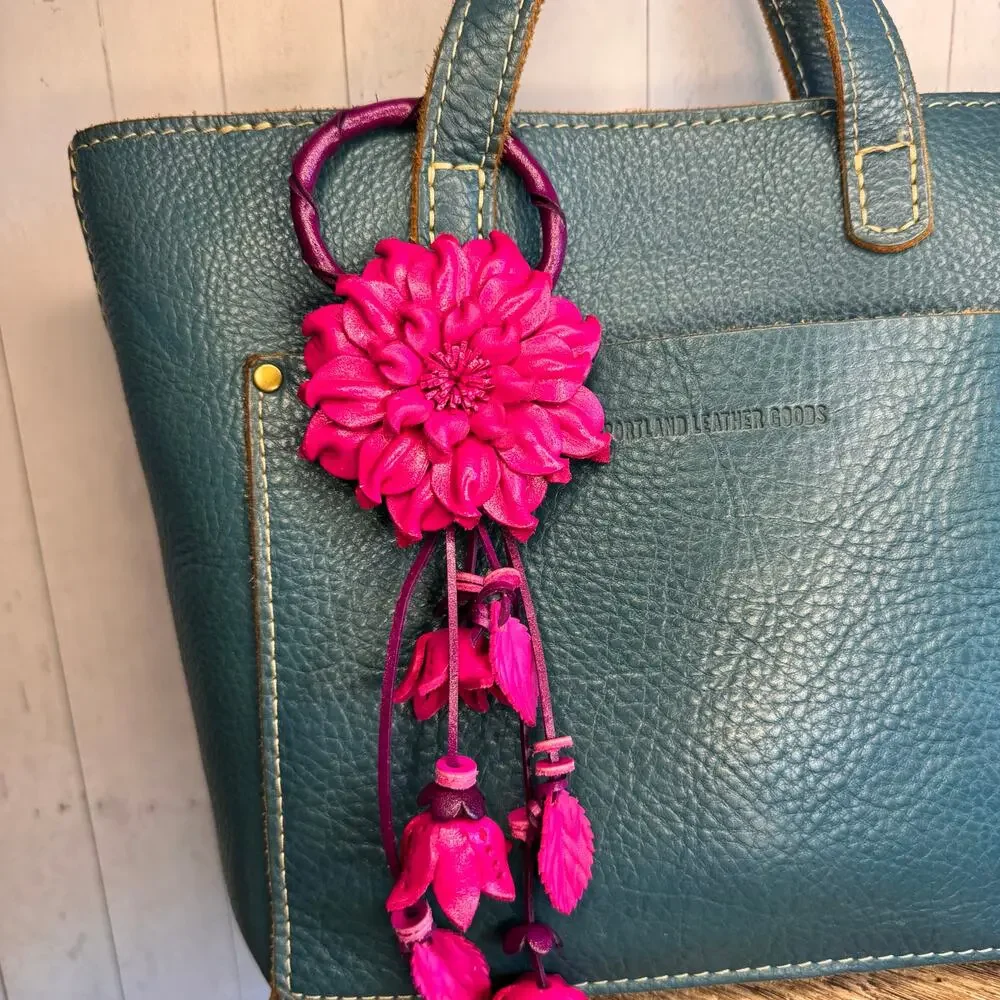 Bright Pink Dahlia Leather Flower Purse Charm Genuine Leather Pink Bag Charm - Picture 1 of 5